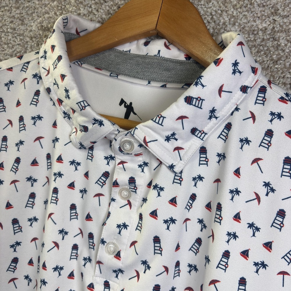 AndersonOrd Polo Shirt Mens 2XL White Beach Nautical‎ Print Golf Stretch